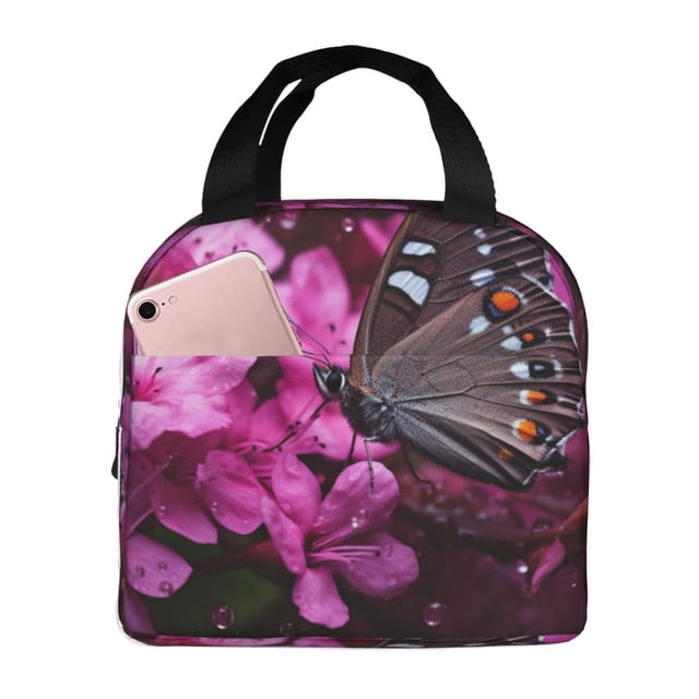 Easygdp Pink Blossoms Butterfly Bolsa Térmica Premium - Tela Oxford Impermeable, Gran Capacidad, Bolsillo Frontal, Unisex para Trabajo, Escuela, Actividades al Aire Libre y Picnics