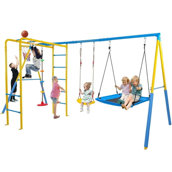 KALNUR 6 in 1 Swing Sets for Outside,A-Frame Swing Set with Monkey Bars,3 Swing,Climbing Frame,Basketball Hoop