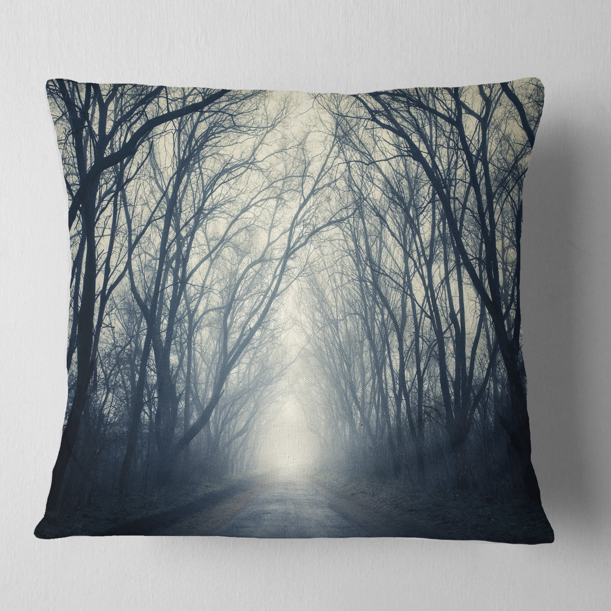 Designart Dark Autumn Forest in Fog - Photography Throw Pillow - 18x18