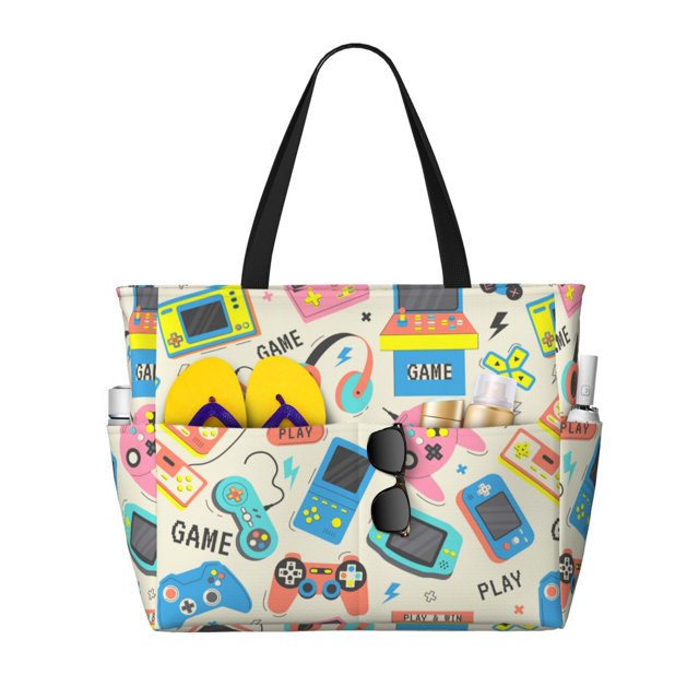 Disketp Playing Video Games Bolsa de Playa de Gran Capacidad, Bolso Impermeable y a Prueba de Arena para Mujer, Ideal para Playa, Piscina y Natación