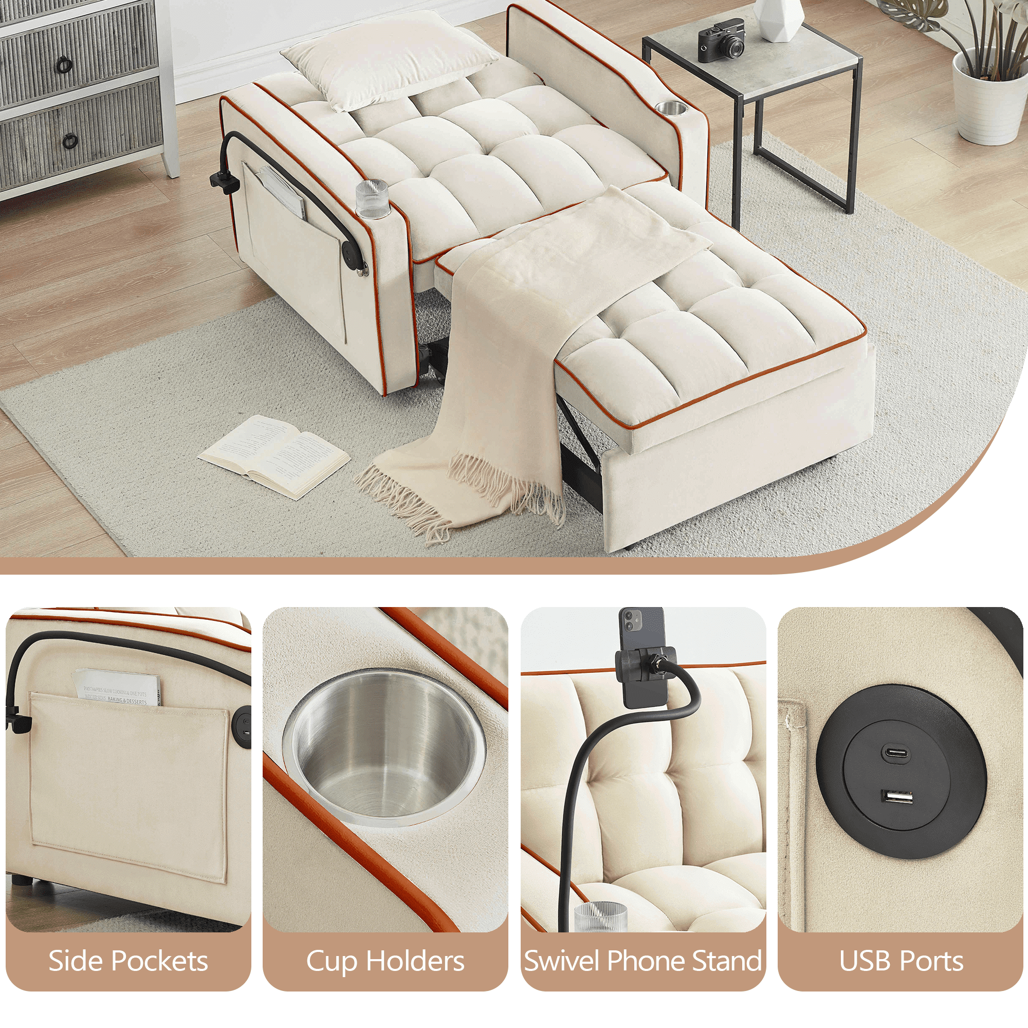 FFH Recliner Chair, Convertible Sofa Bed with Adjustable Backrest, Charging Ports, Cup Holders and Swivel Phone Stand, Beige
