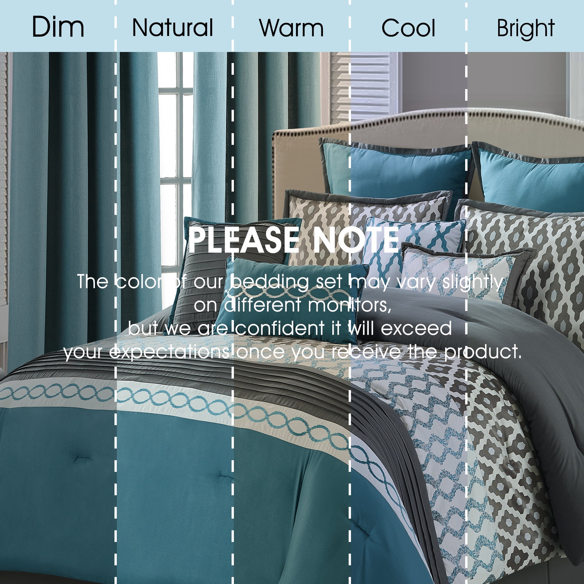 Lanco Geometirc California King Blue Comforter Set, 10 Piece, Jacquard Bedding Comforters & Sets, Bedskirt, Pillows, Euro Shams & Curtains Ultra-Soft