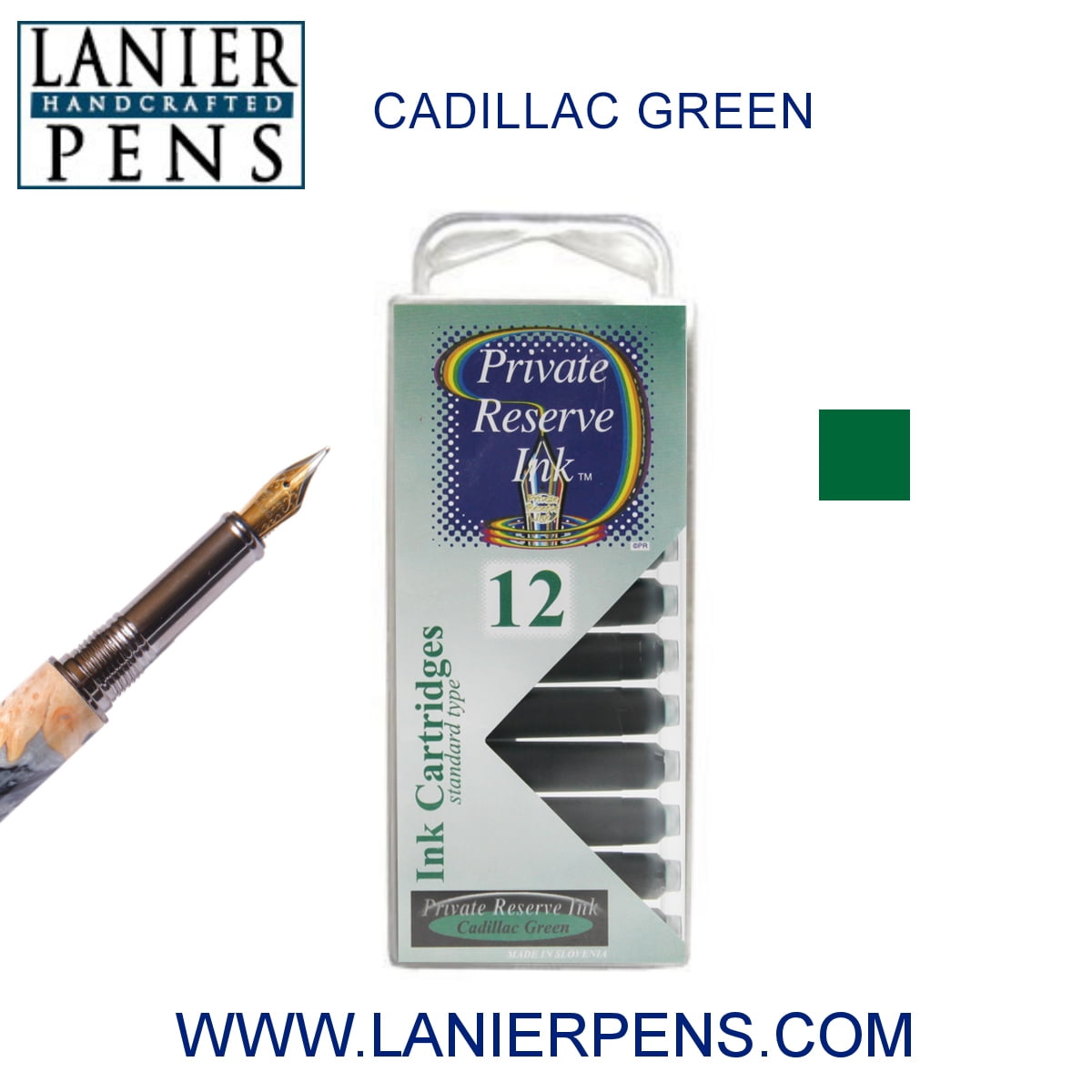 12 Pack - Private Reserve Ink, Universal Fountain Pen Ink Cartridges Clear Case, Cadillac Green