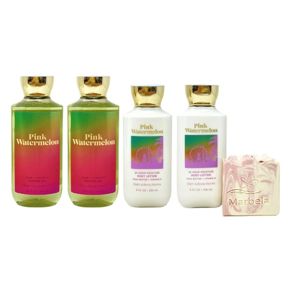 Bath & Body Works PINK WATERMELON 4 Piece Value Pack with a Marbela Himalayan Salts Springs Bar Soap - 2 Shower Gels and 2 Body Lotions - Full Size