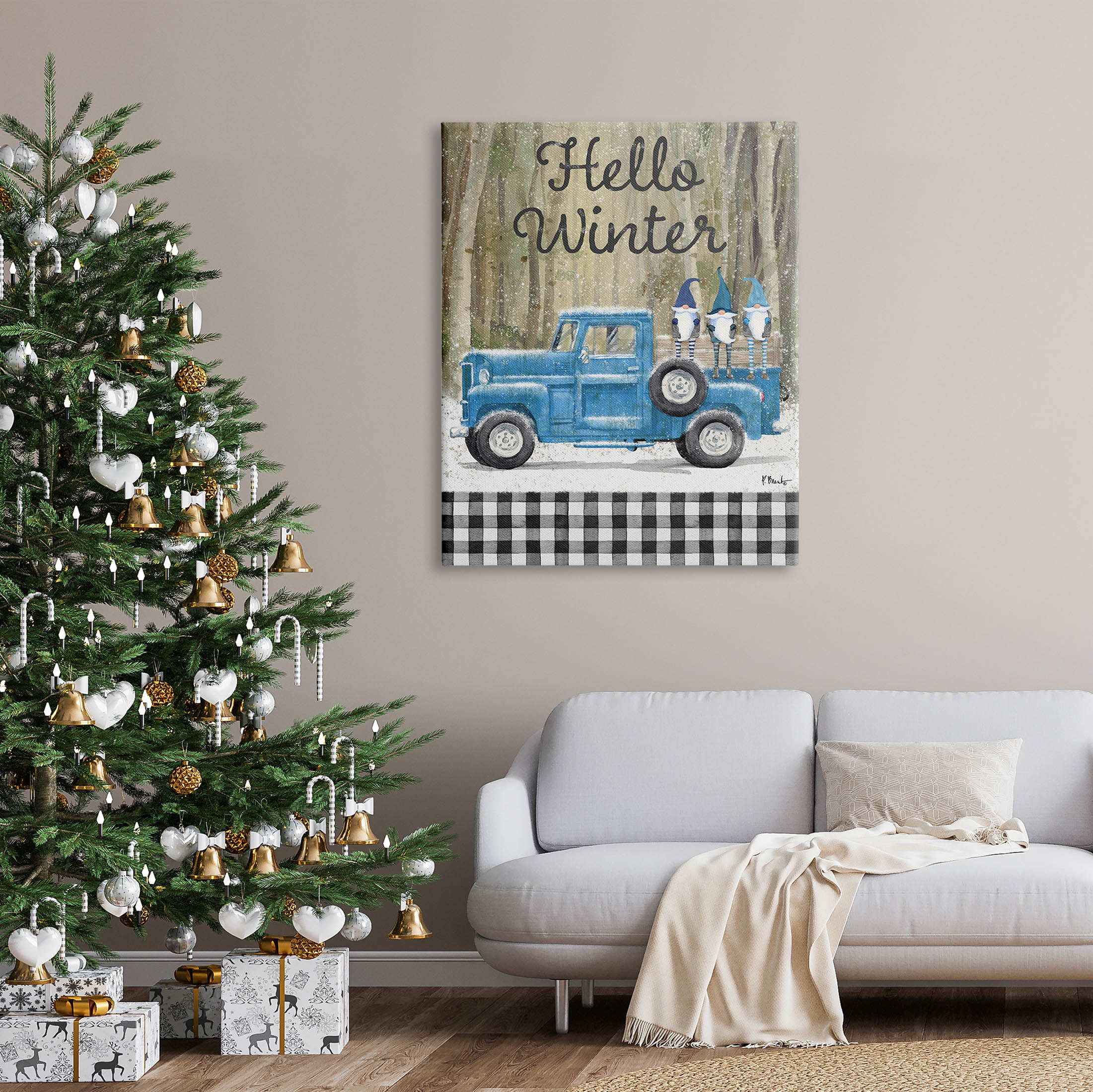 Stupell Industries Hello Winter Plaid Gnomes Graphic Art Gallery Wrapped Canvas Print Wall Art, Design by Paul Brent