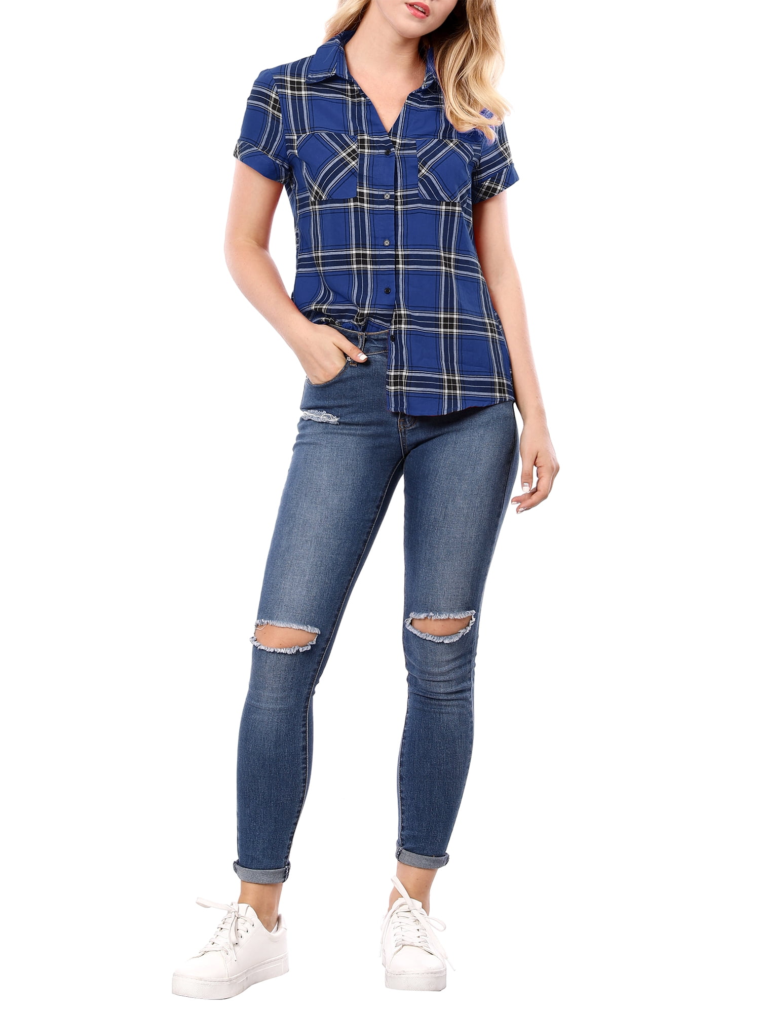 DARING DIVA Women's Casual Boyfriend Plaid Button Down Flannel Shirt L Blue