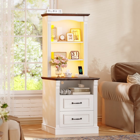 Frhnenha Farmhouse Tall Nightstand with Charger Station and LED Lights, Bedside Table with 2 Drawers and Adjustable Shelves for Bedroom Living Room, Antique White