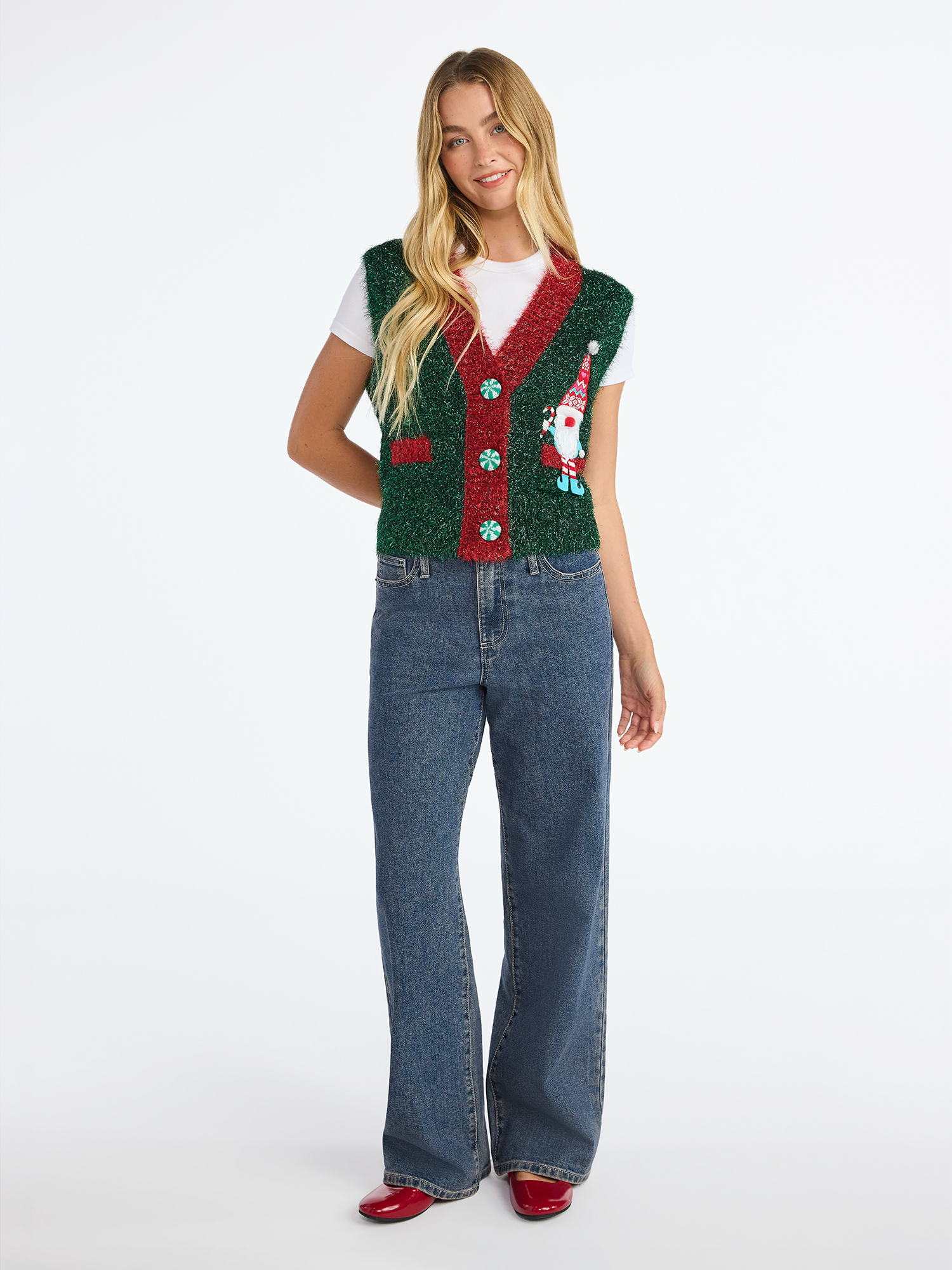 No Boundaries V-Neck Button Front Christmas Vest, Women’s