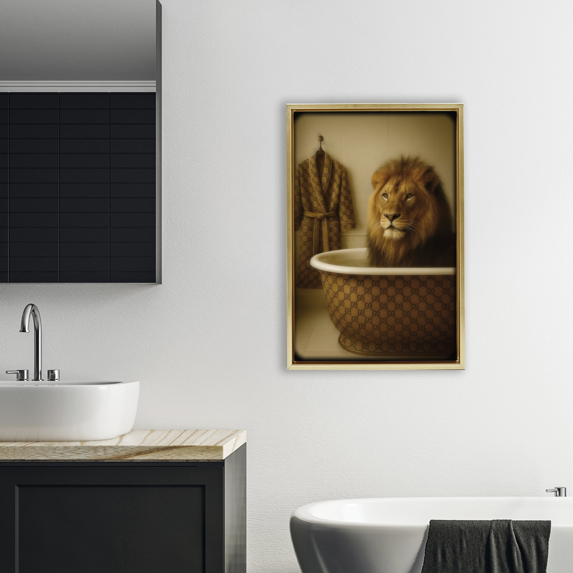 Stupell Industries Couture Lion in Luxury Tub Gold Framed Floater Canvas Wall Art, design by Grotto Studios