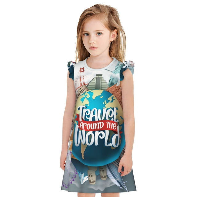Balery Travel Around The World Camisón de princesa para niñas, pijama de algodón con mangas abullonadas, suave y bonito.-Small