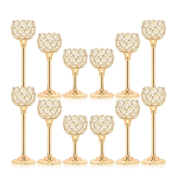 Gold Crystal Candle Holders Set of 12, Tall Tealight Candlestick Holders for Wedding Centerpieces for Tables, Elegant Table Decor for Dining Room, Party, Home Decoration