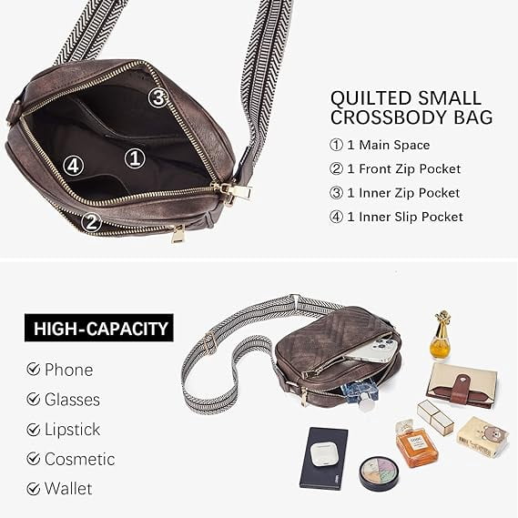 Gomayee Quilted Crossbody Bags for Women Vegan Leather Purses Small Shoulder Handbags with Wide Strap