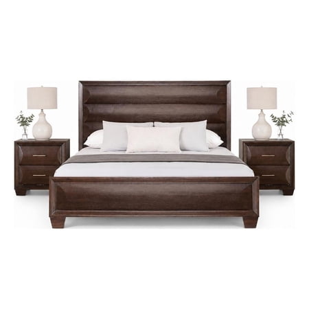 Queen Bedroom Set- Espresso Brown- Gold Wood- 3 Piece Set with 2 Nightstands