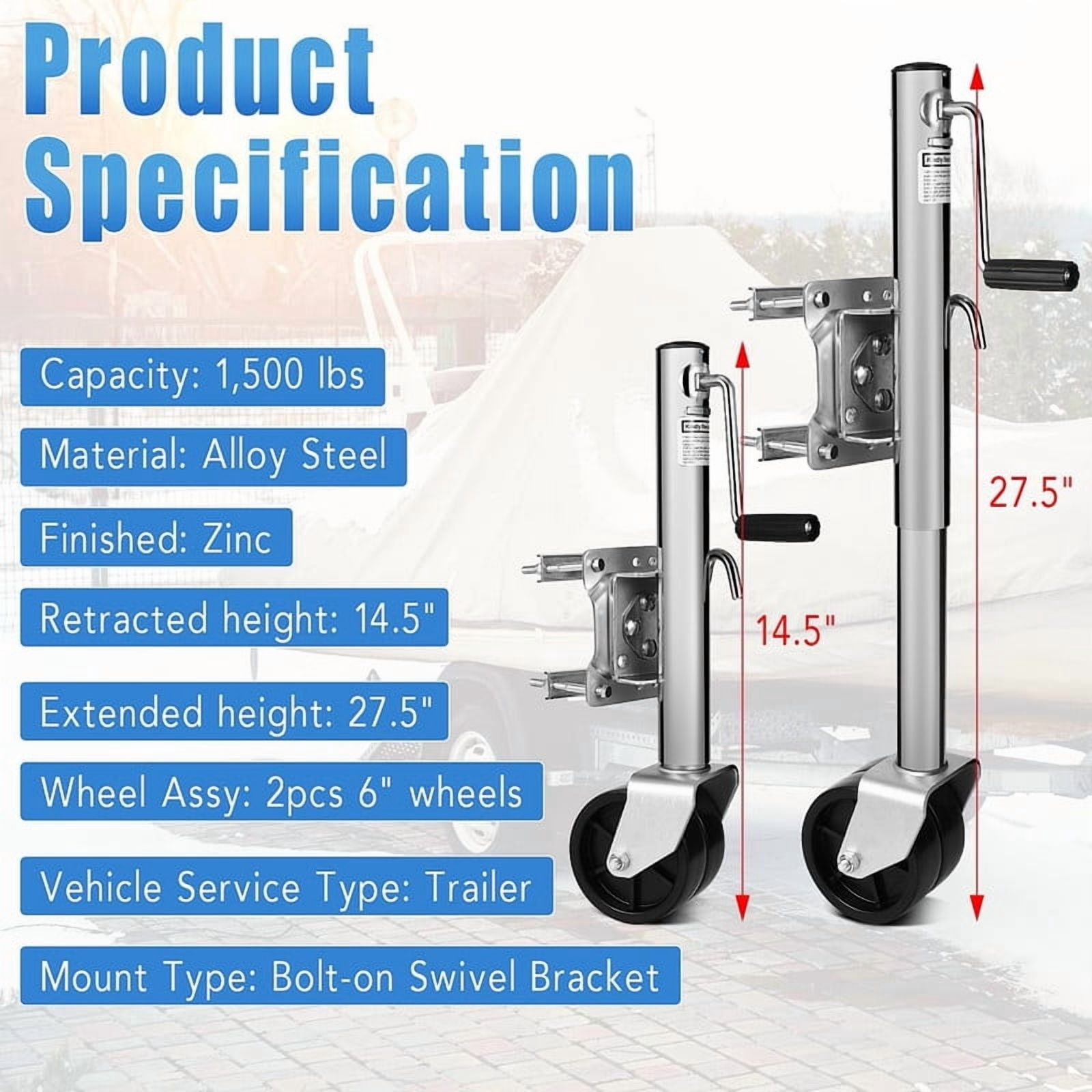 Towallmark Heavy Duty Trailer Jack 1500 lbs - 6" Dual Wheel Swivel Jack, 13" Lift, for Boat/RV/Camper Trailers - Silver