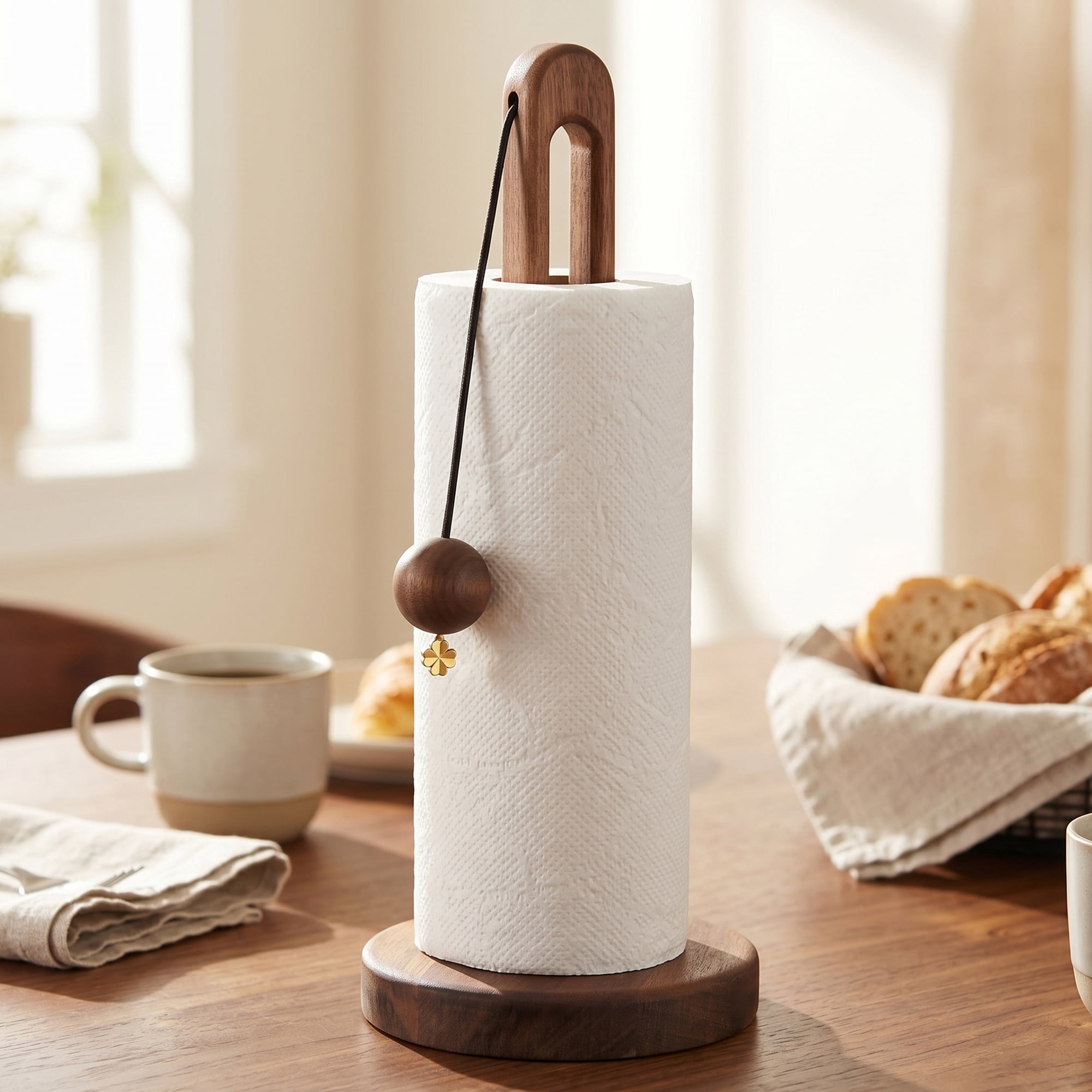 Unique Bargains Paper Towel Holder Countertop Modern Base Wood Dark brown 12.2x5.1inch
