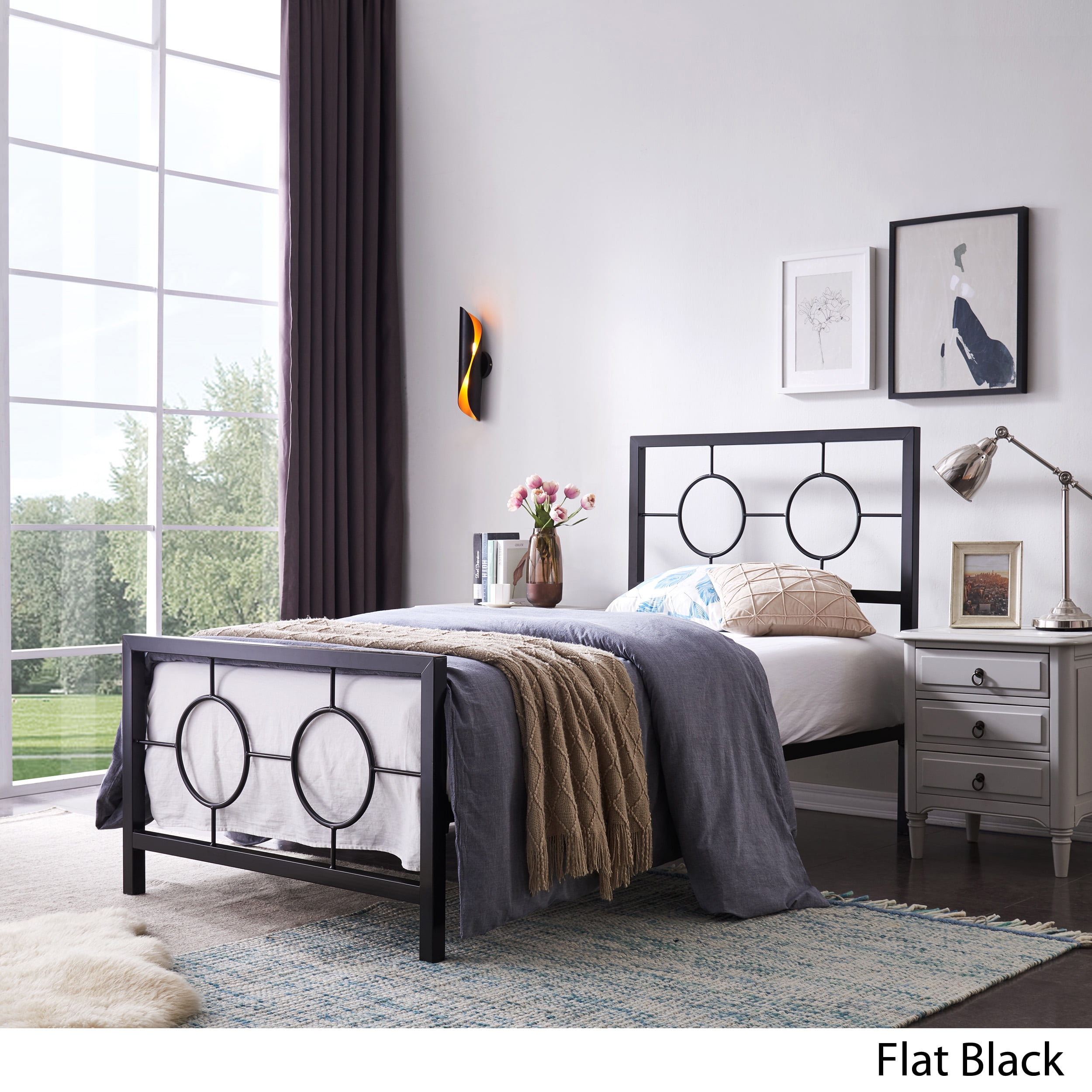 Noble House Ewelina Modern Twin-Size Iron Geometric Low-Profile Bed Frame, Flat Black