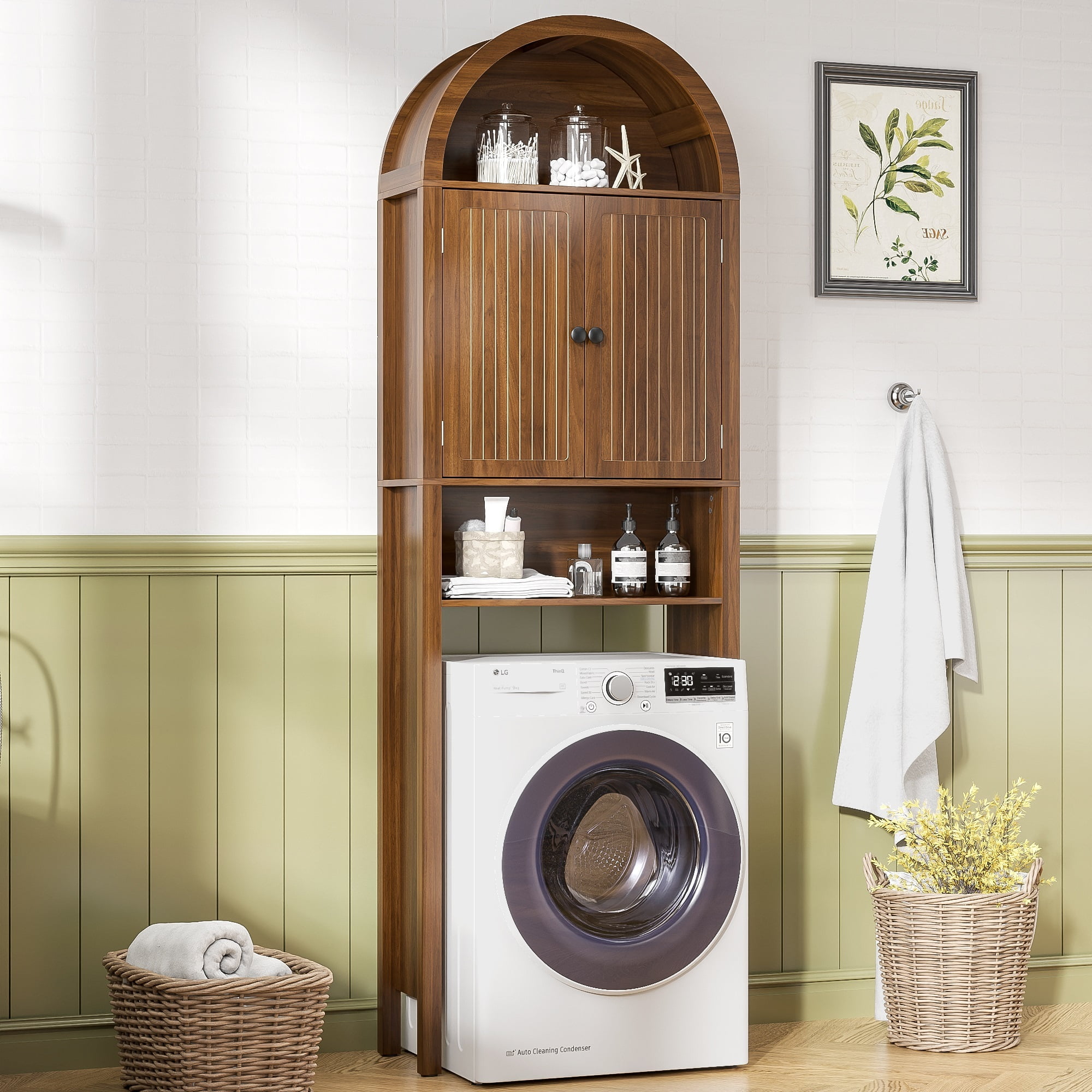 Over The Toilet Storage Cabinet, Arched Cabinet Shelf Organizer with Adjustable Shelves and Fluted Doors, Walnut