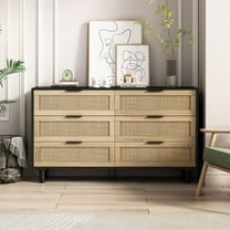 WGYPRIME 51.18" 6-Drawer Dresser, Modern Rattan Chest of Drawers, Wide Dresser for Bedroom, Living Room, Hallway