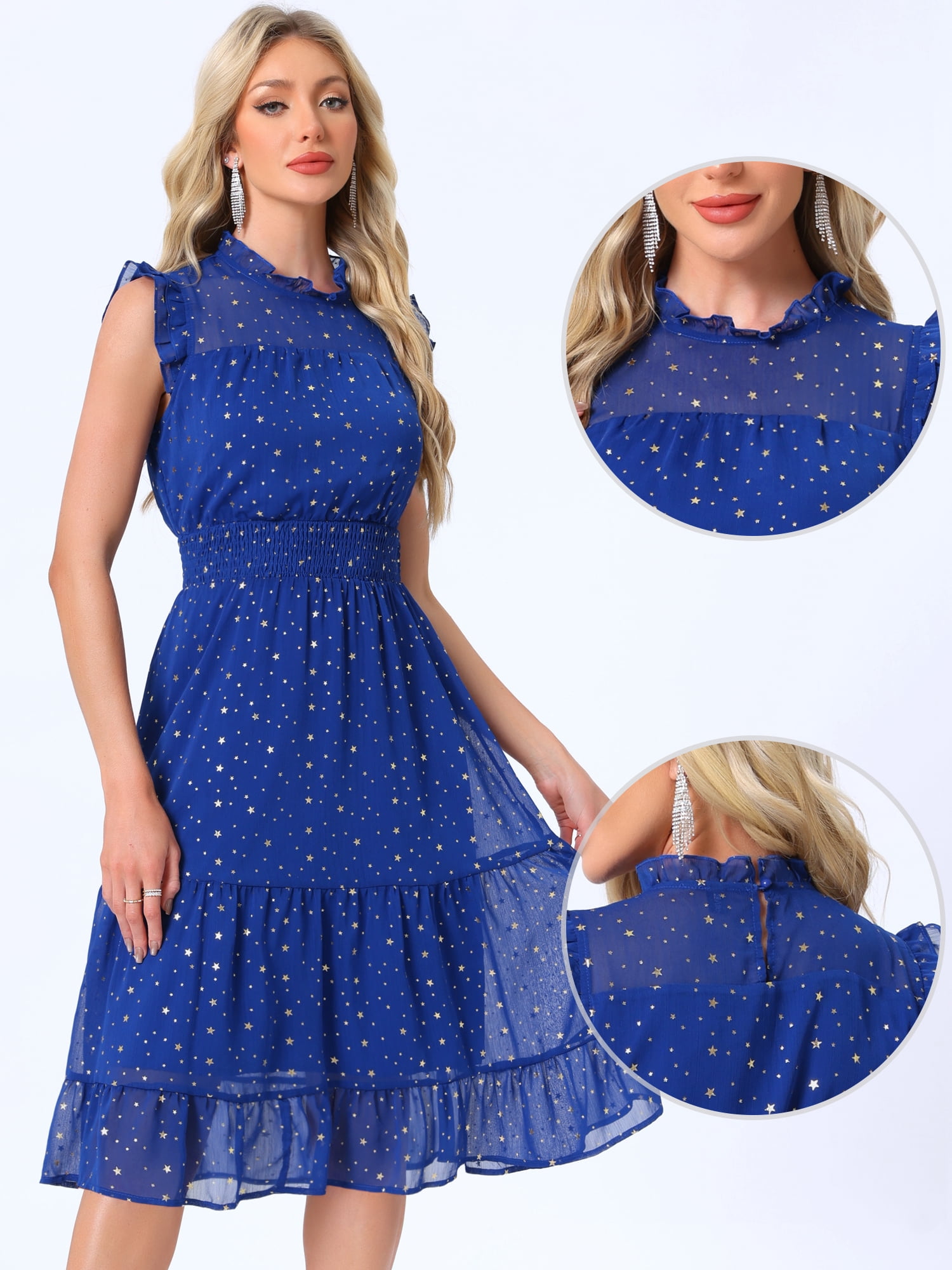 DARING DIVA Women's Gilding Metallic Stars Chiffon Jewel Neck Dresses L Royal Blue