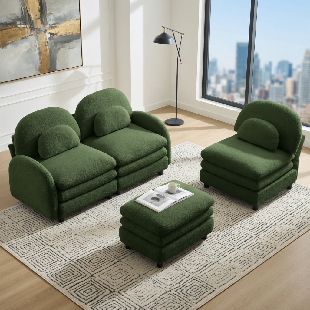 Hommoo Teddy Fleece 3-Seat Modular Sofa Set with Curved Backrest, Movable Ottoman & Lumbar Pillows, Cloud-Like Comfort Couch, Green
