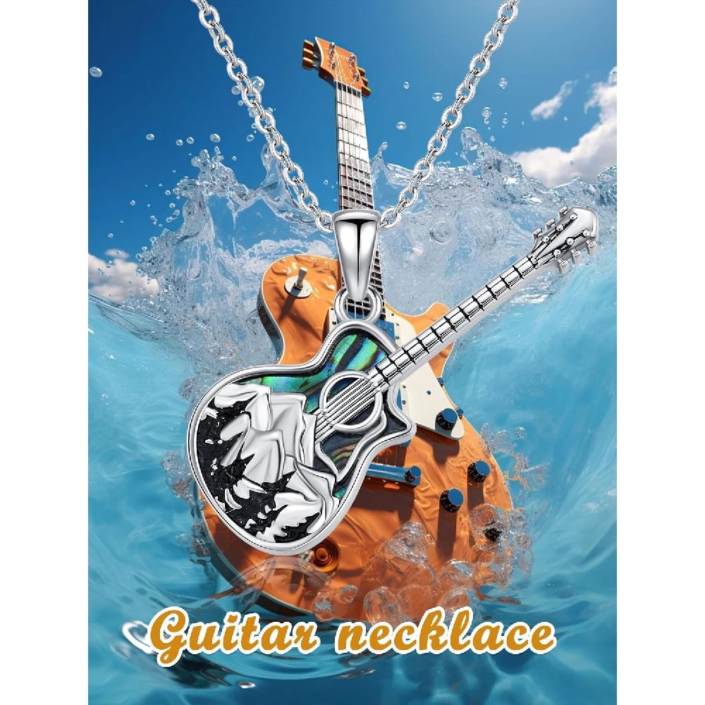 CACA LADY Guitar Necklace Mountain Necklace Sterling Silver Abalone Guitar Pendant Gifts for Guitar Holder Guitar with Music Note Pendant Jewelry Guitar Gift for Guitar Players Lovers Music Jewelry f