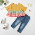 thumbnail image 2 of Kucnuzki 6 Months Baby Girl Summer Outfits Pants Sets 12 Months Short Sleeve Color-Blocked Ruffles Peplum Tops Elastic Ripped Denim Pants 2PCS Set Yellow, 2 of 9
