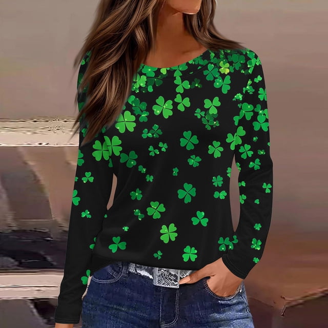 TaTaai Women Fashion Loose St Patrick's Day Printed Casual Long Sleeve T Shirt Crew Neck Top Ladies Spring Daily Commute Street Wear Soft Comfortable No Fading Machine Washable Stylish Top Gift