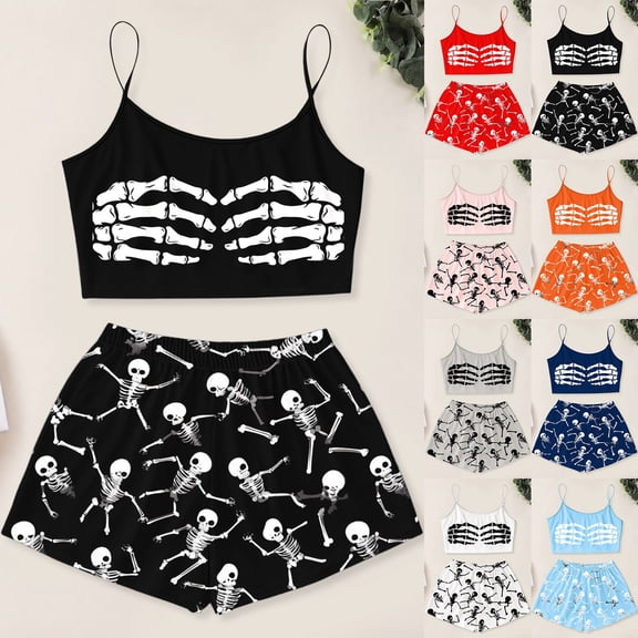 Miaoju Women's Halloween Pajamas Set Skull Printed 2 Piece Pjs Set Loungewear Spaghetti Strap Cute Funny Animal Casual Home Loungewear Pjs