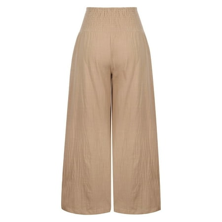 

2023 Women s Linen Smocked High Waist Palazzo Pants Pocketed Tummy Straight Wide Leg Pajama Lounge Baggy Pants