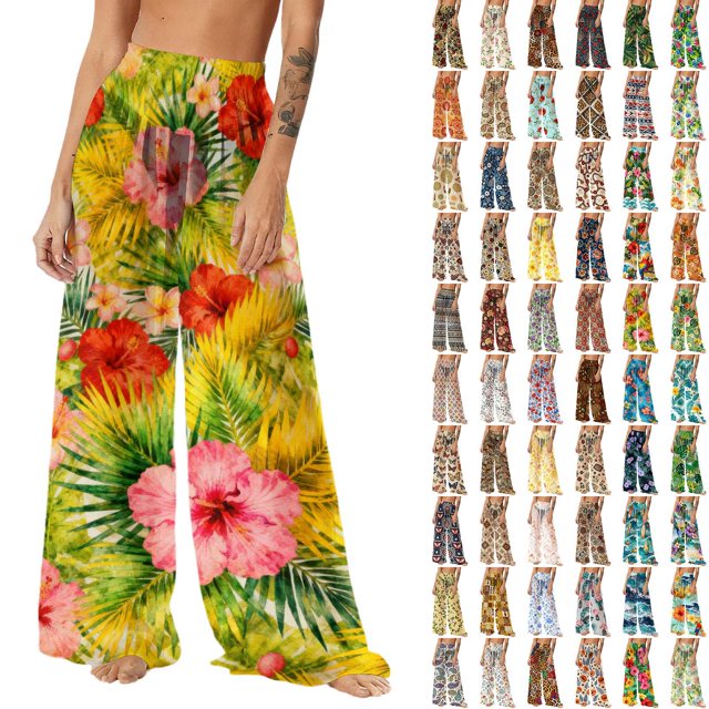 Pincandy Women Mesh Boho Beach Pants See Through Sheer Swimsuit Bikini Bottom Cover up Party Elastic High Waist Wide Leg Pants