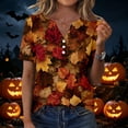 thumbnail image 2 of Minjewel Womens T Shirts Casual V Neck Short Sleeve - Fall Leaves Print Button Detail, T Shirts for Women Seasonal Graphic Tee, Summer Tops for Women for Autumn,Brown L, 2 of 6