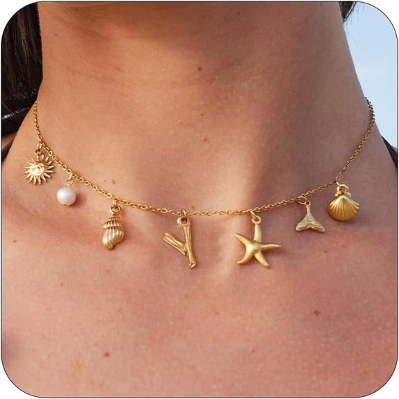 DESIGNICE Silver Initial Charm Necklaces for Women Trendy Shell Starfish Seashell Letter Choker Necklace Alphabet Personalized Pendant Necklace Summer Beach Surfer Jewelry Gifts Boho Charms Jewelry