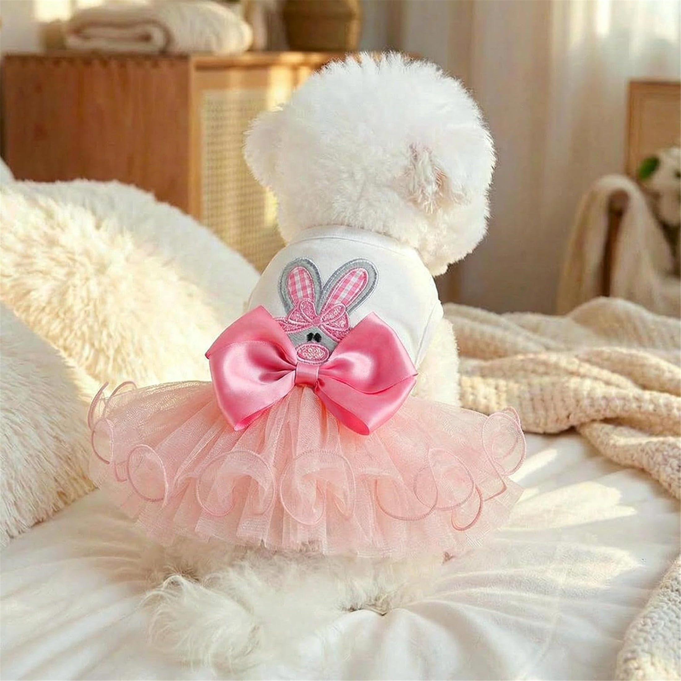 HQREA Pink Dog Dresses for Small Dogs Girl Spring Summer Puppy Clothes with Bow Pet Cat Princess Mesh Tutu Skirt Easter Holiday Outfits for Yorkie Chihuahua
