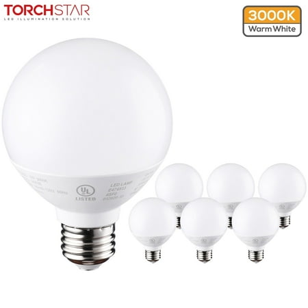 

TORCHSTAR G25 LED Globe Bulb 6W(40W Eqv.) Dimmable 450 LM 3000K Warm White E26 Base Ideal for Bathroom Vanity or Mirror - UL & Energy Star Pack of 6