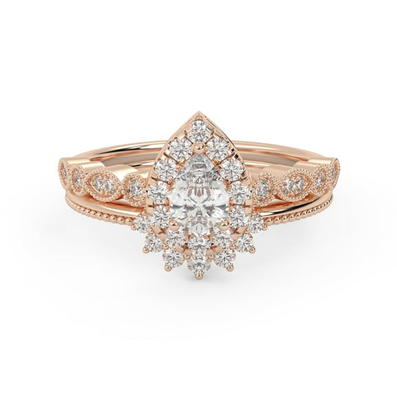 AFFY Teardrop Halo Bridal Set Rings for Women 6X4MM Pear and Round Lab Created Moissanite Engagement Wedding Ring Jewelry Gift for Her In 10K Solid Rose Gold Size 10
