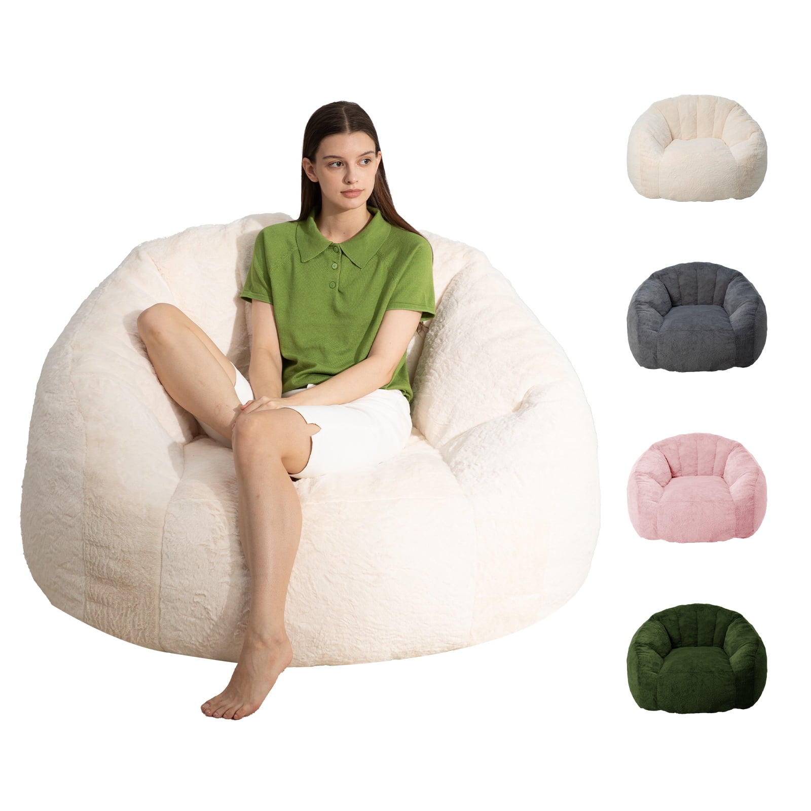 Ebenchico 3.9ft Bean Bag Chair for Adults Teens Kids, Shell Shape Faux Fur Beanbag Chairs, Memory Foam Filled Floor Chair for Reading, Gaming, Relaxing(White)