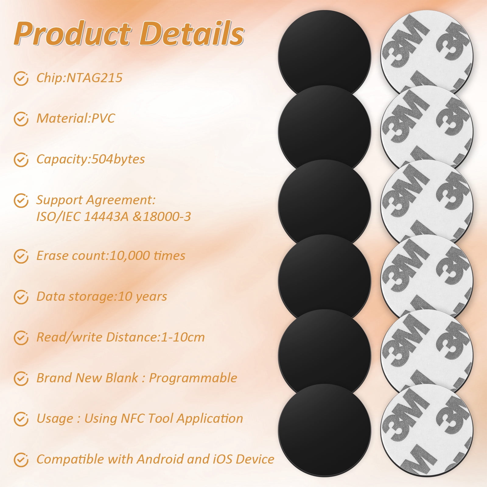 200PCS NFC Stickers Tags, 25mm Rewritable NTAG215 Blank NFC Cards with Adhesive Back, 504 Bytes Memory NFC Coin Card Chip for NFC Enabled Devices Phone Calls Automatically Commands, Black