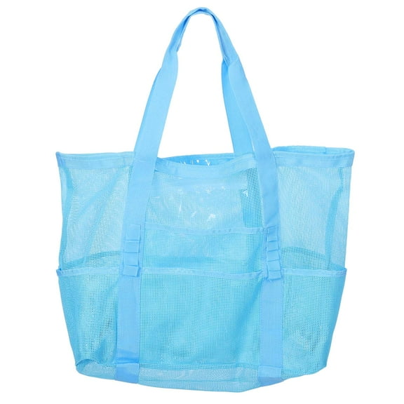 EXHUMKY Sky Blue Mesh Beach Bag Large Capacity Tote Portable Handle Bag for Cosmetic Storage