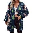 thumbnail image 2 of Prendas de vestir con frente abierto de Navidad, abrigo de manga larga con estampado transparente, informal, de moda para mujer, para otoño e invierno, azul marino, ancianos M, 2 of 5