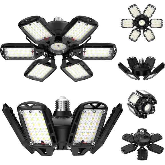 LED Garage Lights 2 Pack, 18000LM 180W Deformable Shop Light with 6 1 Adjustable Panels, 6500K Daylight White Ceiling Light for E26 Base, Ideal for Garage/Basement/Barn
