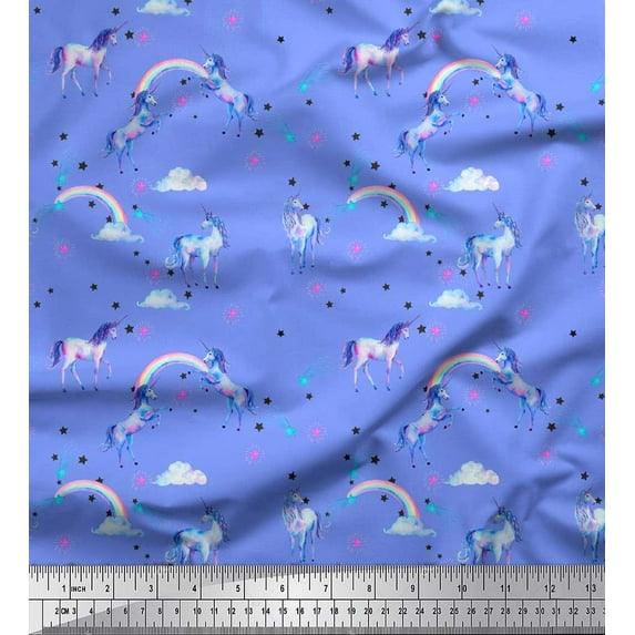 Soimoi Blue polyester Crepe Fabric Unicorn & Rainbow Nature Printed Fabric 1 Yard 42 Inch Wide
