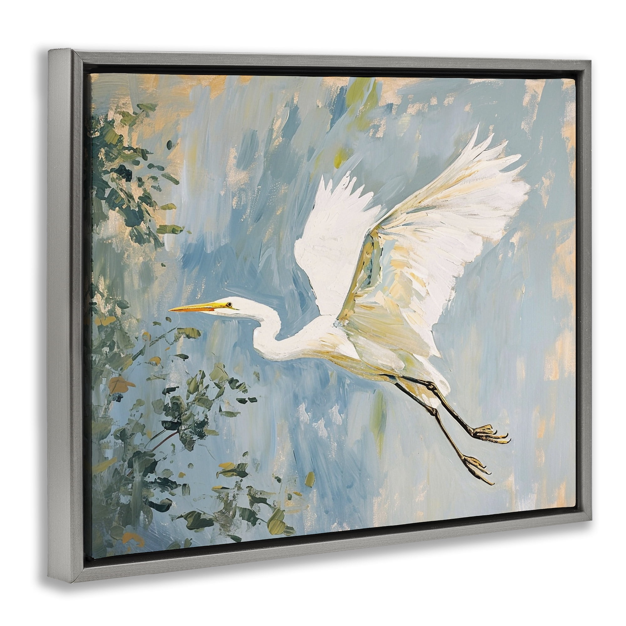 Stupell Industries White Heron in Flight Animals & Insects Painting Gray Floater Framed Canvas Art Print Wall Art, 21 x 17