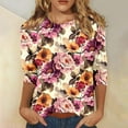 thumbnail image 2 of Fanxing Summer Savings 3/4 Length Sleeve Womens Tops Womens Spring Fashion 2024 Loose Crewneck T Shirts for Women Floral Print Shirts for Women Red,XXL, 2 of 4