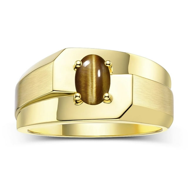RYLOS Men's Rings Yellow Gold Plated Silver Ring Classic Solitaire 7X5MM Oval Shape Gemstone Designer Band Tiger Eye November Birthstone Rings For Men Size 12