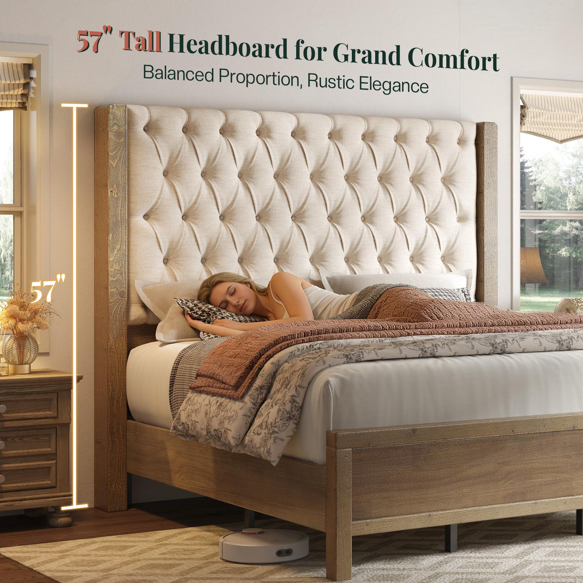 Merluxy Solid Wood King Size Bed Frame, 57" Tall Farmhouse Upholstered Line Wingback Headboard, Deep Button Tufted, Easy Assembly, Gray Wash