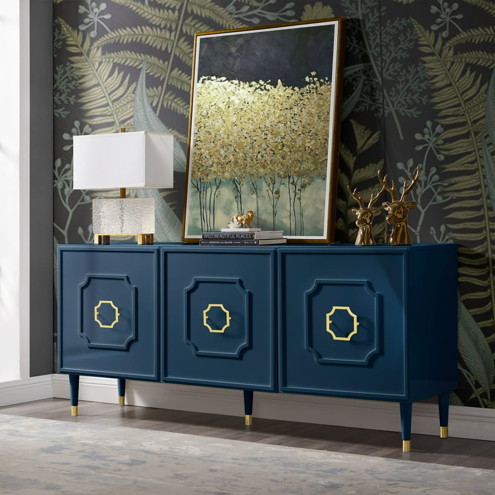 Kai Navy Sideboard/Buffet 3 Doors Brushed Finish Gold Handle and