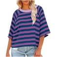 thumbnail image 1 of GigrtiJin Hauts à Manches 3/4 pour Femmes Col Rond Blouses à Rayures Color Block Mode Décontractée Chemises Basiques Amples, 1 of 4