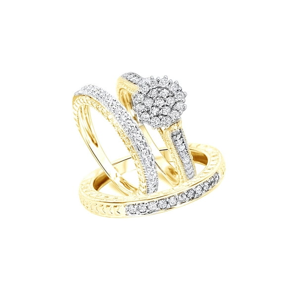 AFFY White Natural Diamond Engagement & Wedding Trio Bridal Ring Set In 10k Yellow Gold (1 Cttw)