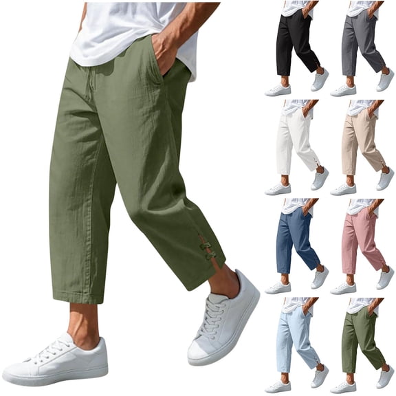 Mifsaly Mens Linen Capri Pants Lightweight Loose Fit Cropped Trousers Comfortable Beach Lounge Summer Vacation Capris with Pockets Army Green,XL
