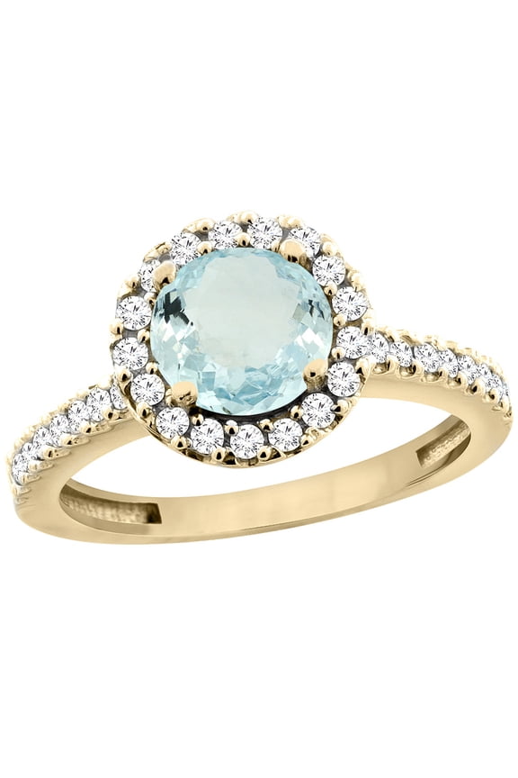 14K Yellow Gold Natural Aquamarine Ring Round 6mm Floating Halo Diamond, size 9